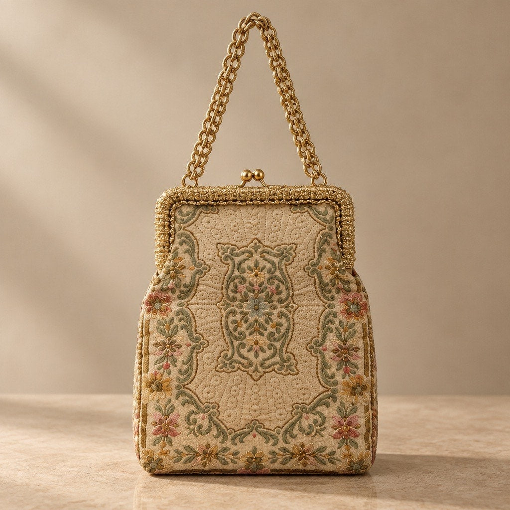 Museum Grade Vintage French Gobelins Tapestry Textured Gold  Floral Carpet Bag
