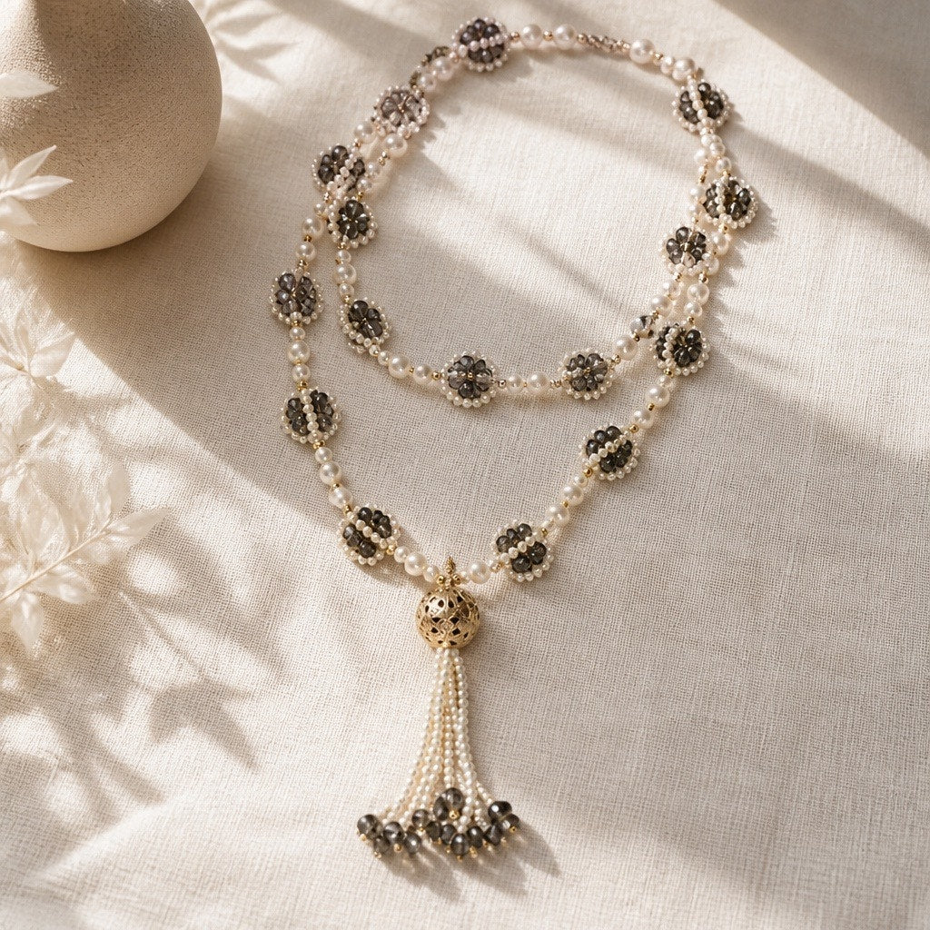 Vintage Juliet Pearl Flapper Necklace - Gold Filigree Cap Tassel Sautoir