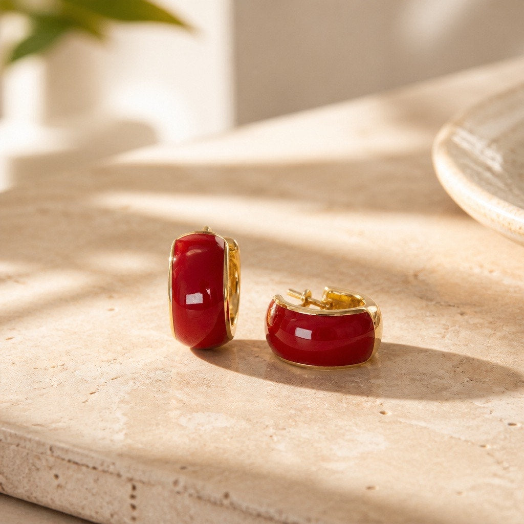 Two-Tone Crimson Red and Gold Plated Hoop Earrings | Thick Glossy Fashion Huggies