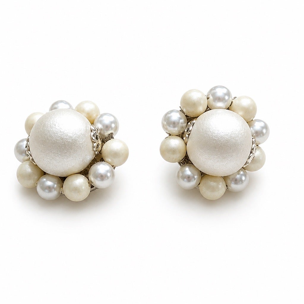 1950 s signed JAPAN "The Pearl Confetti" Vintage Two Tone White Cream Pearl Cluster Earrings