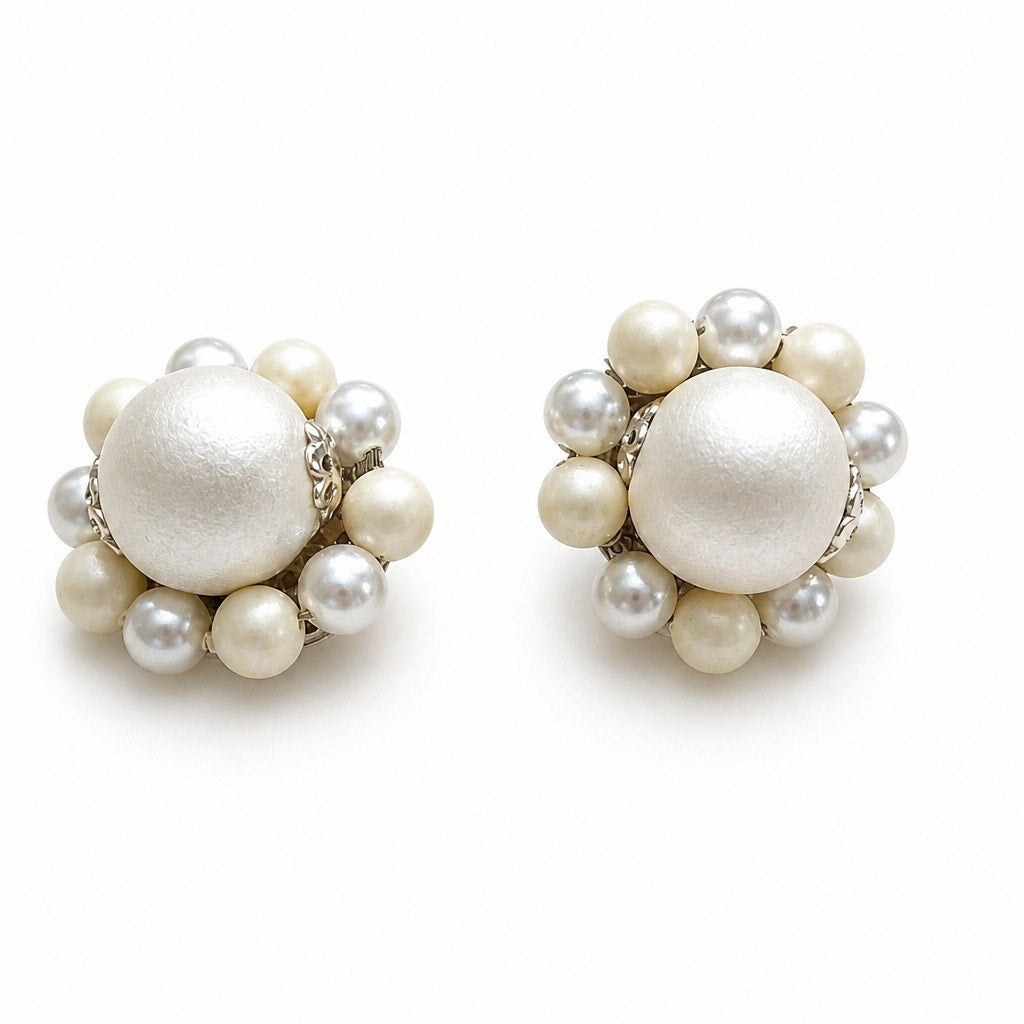 1950 s signed JAPAN "The Pearl Confetti" Vintage Two Tone White Cream Pearl Cluster Earrings