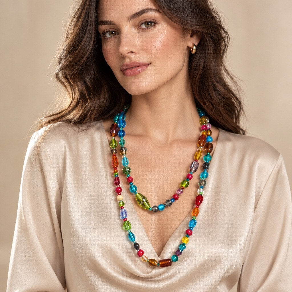 Vintage New Multicolor Glass Bead Long Necklace