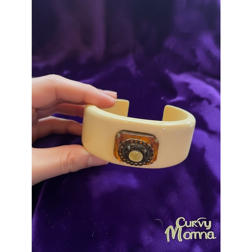 intage Chunky Cream Clamper Cuff Bracelet • Amber Rhinestone Focal