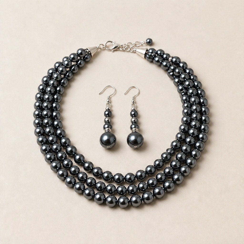 Authentic Vintage Premier Designs Charcoal Glass Pearl Three-Strand Set