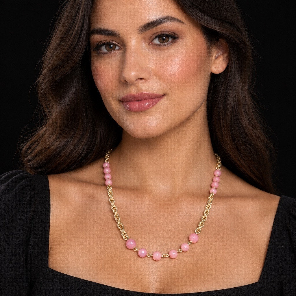 Vintage Chic Pastel Pink Round Bead & Polished Gold Link Statement Necklace