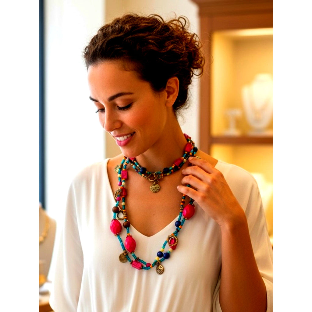 Vintage New Premier Design Multi-Strand Pink and Turquoise Beaded Necklace