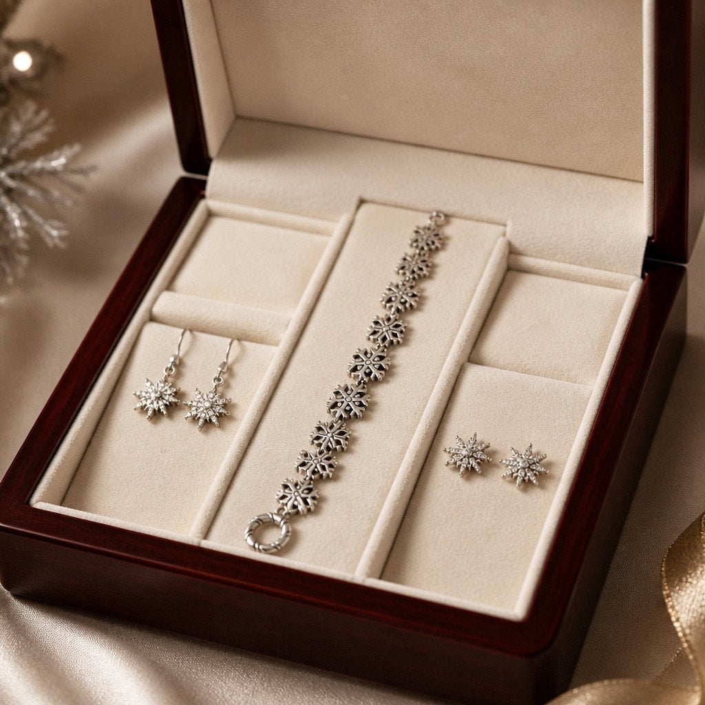 ❄️ Winter Snowflake Statement Set Multi Piece Silver Bracelet Earrings Gift Trio