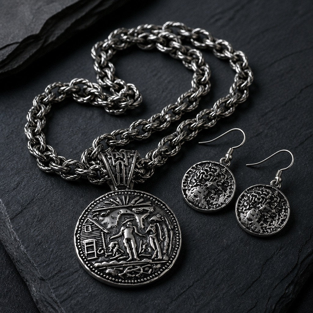 Vintage Revival Antiqued Silvertone Medallion Pendant Necklace & Coin Drop Earrings Set