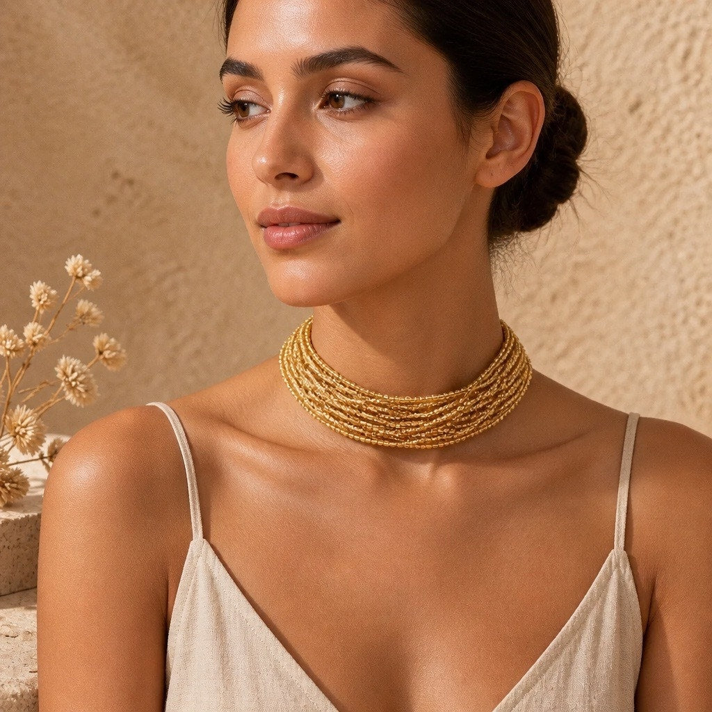 Vintage Liquid Gold Glass Multi-Strand Seed Bead Statement Necklace