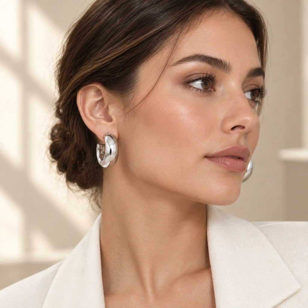 Vintage Molten Textured Silver Crescent Hoops, Thick Luxury Statement Loops