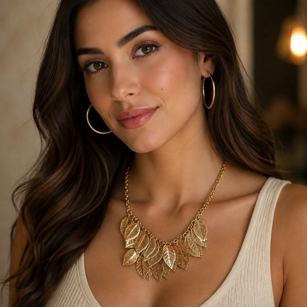 "Golden Laurel" Wardrobe: Matching Leaf Bib Necklace & 2x Earring Curated Set